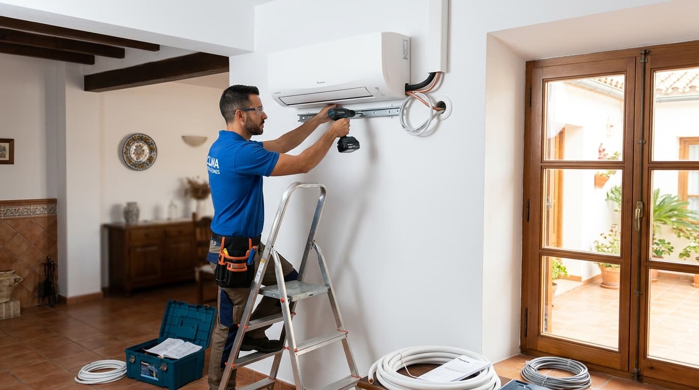 Técnico instalando un aire acondicionado