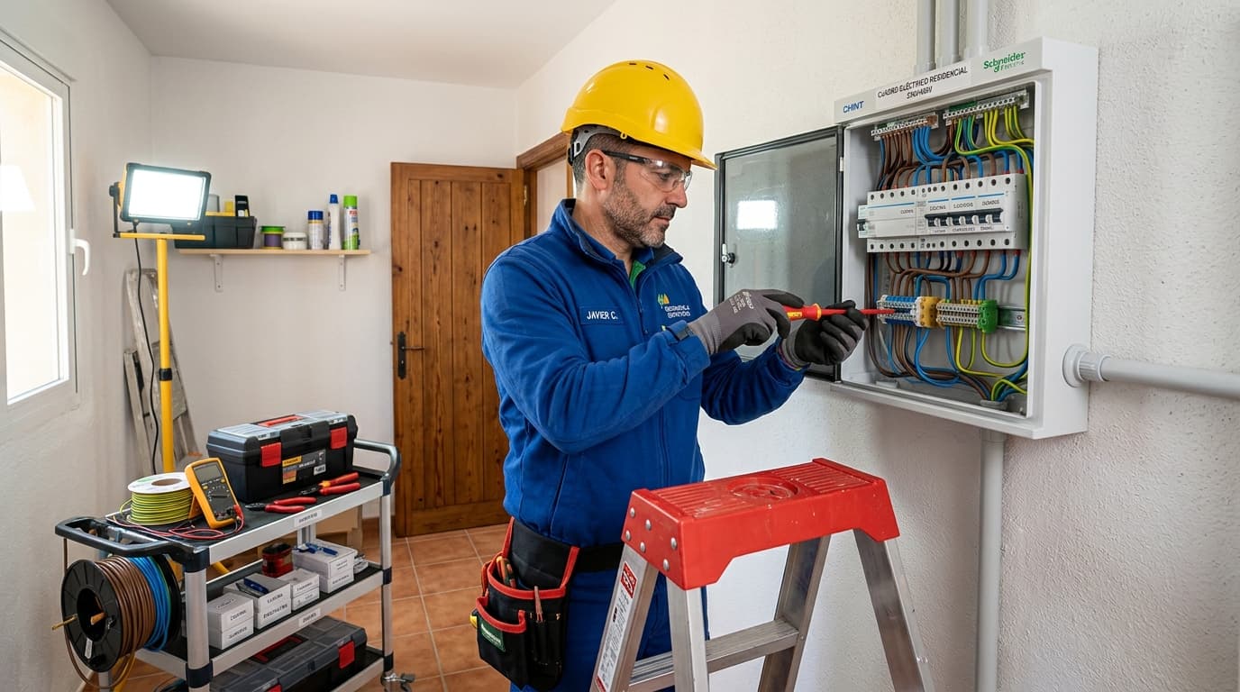 Electricista trabajando en un cuadro eléctrico residencial